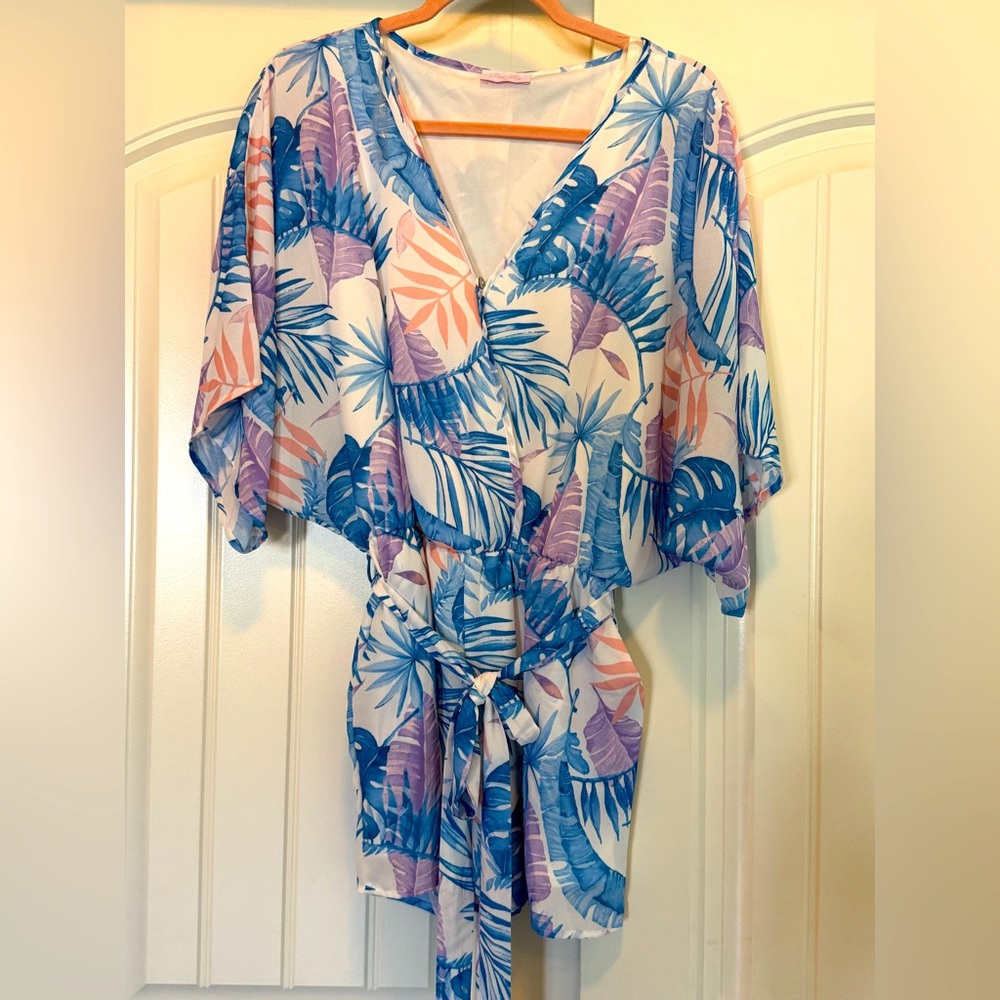 Pink Lily Tropical Leaves Vacation Romper L